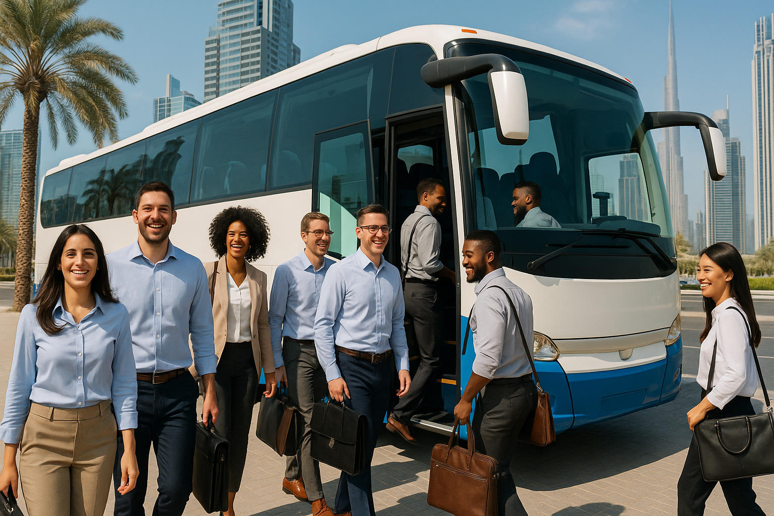 Staff Transportation Services in Dubai - Happy Staff Entering in a 50 Seater Bus